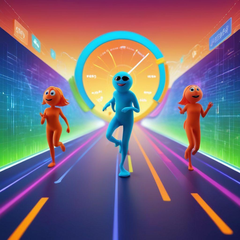 A dynamic visual representation of internet performance, featuring playful characters joyfully connecting via vibrant digital pathways, with latency meter displays showing positive trends. Include an abstract background symbolizing data flow and connectivity. Emphasize bright colors and a cheerful atmosphere. super-realistic. vibrant colors. 3D.