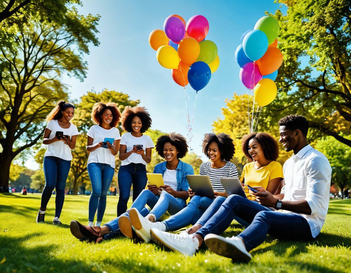 A vibrant, joyful scene featuring a diverse group of people smiling and engaging with their devices in a sunny park setting. Include visual representations of internet performance metrics like speed bars and connection symbols floating around them. Incorporate colorful balloons and playful elements that symbolize happiness and connectivity. The atmosphere should be lively and inviting, creating a sense of positivity and community. vibrant colors. 3D.