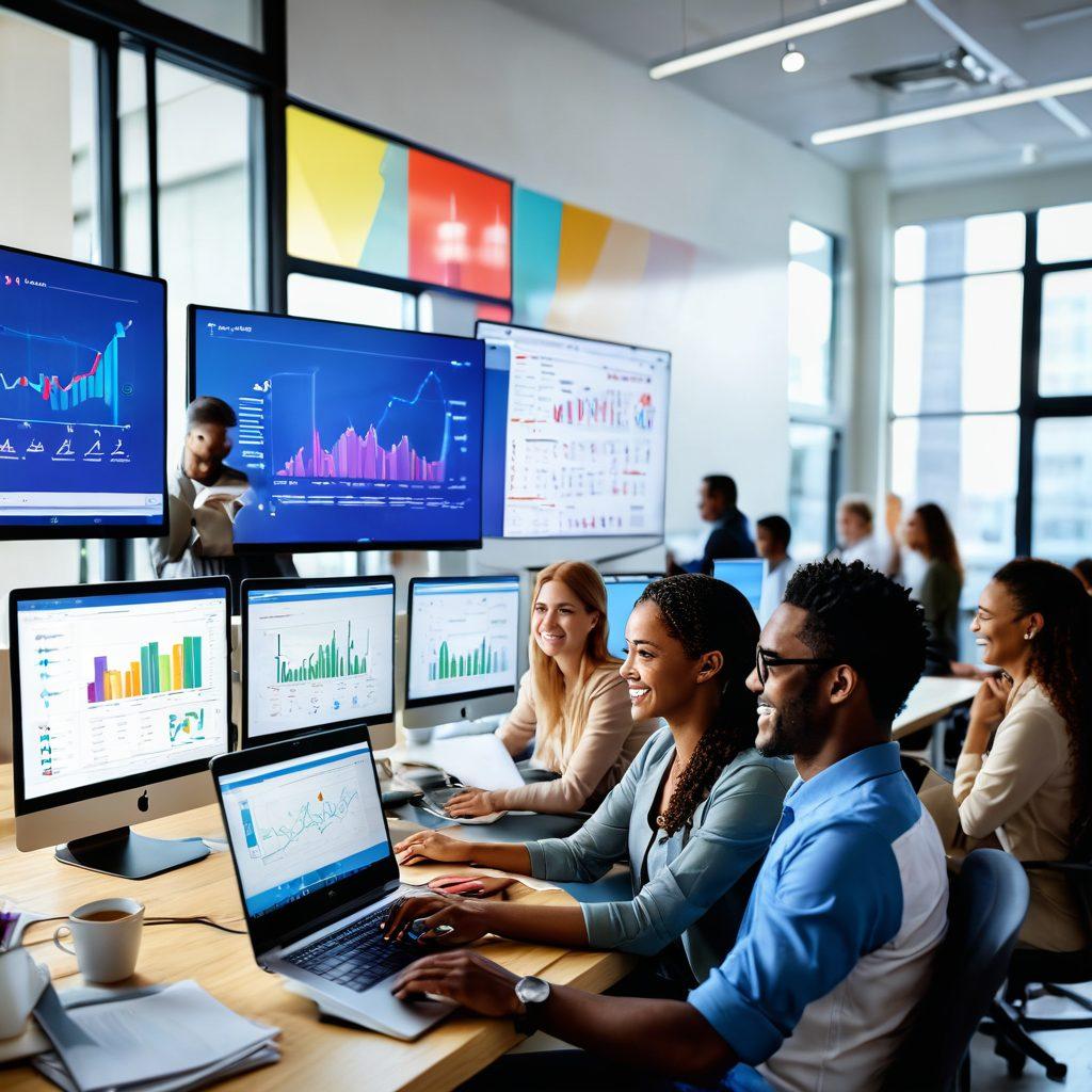 A vibrant, cheerful depiction of a diverse group of people working on laptops in a bright and engaging office space, surrounded by various network performance graphs and charts on digital screens. They are smiling and collaborating, conveying a sense of satisfaction and teamwork. Sunlight pours in through large windows, illuminating the room with an optimistic atmosphere. Use bright colors and playful elements to evoke a positive journey through technology. super-realistic. vibrant colors. 3D.